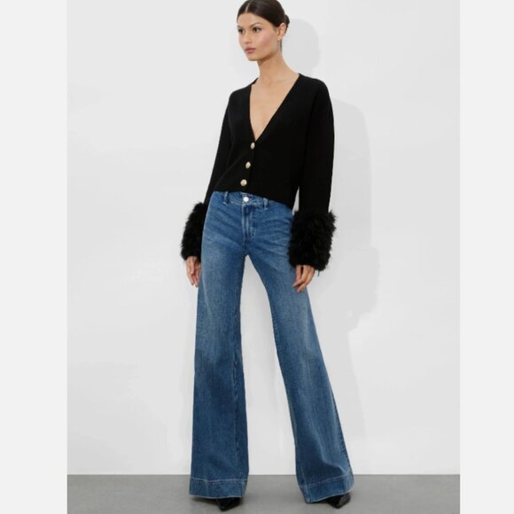 Alice and Olivia Bradley Faux Fur Cuff Wool Blend Crop Cardigan - Picture 3 of 12